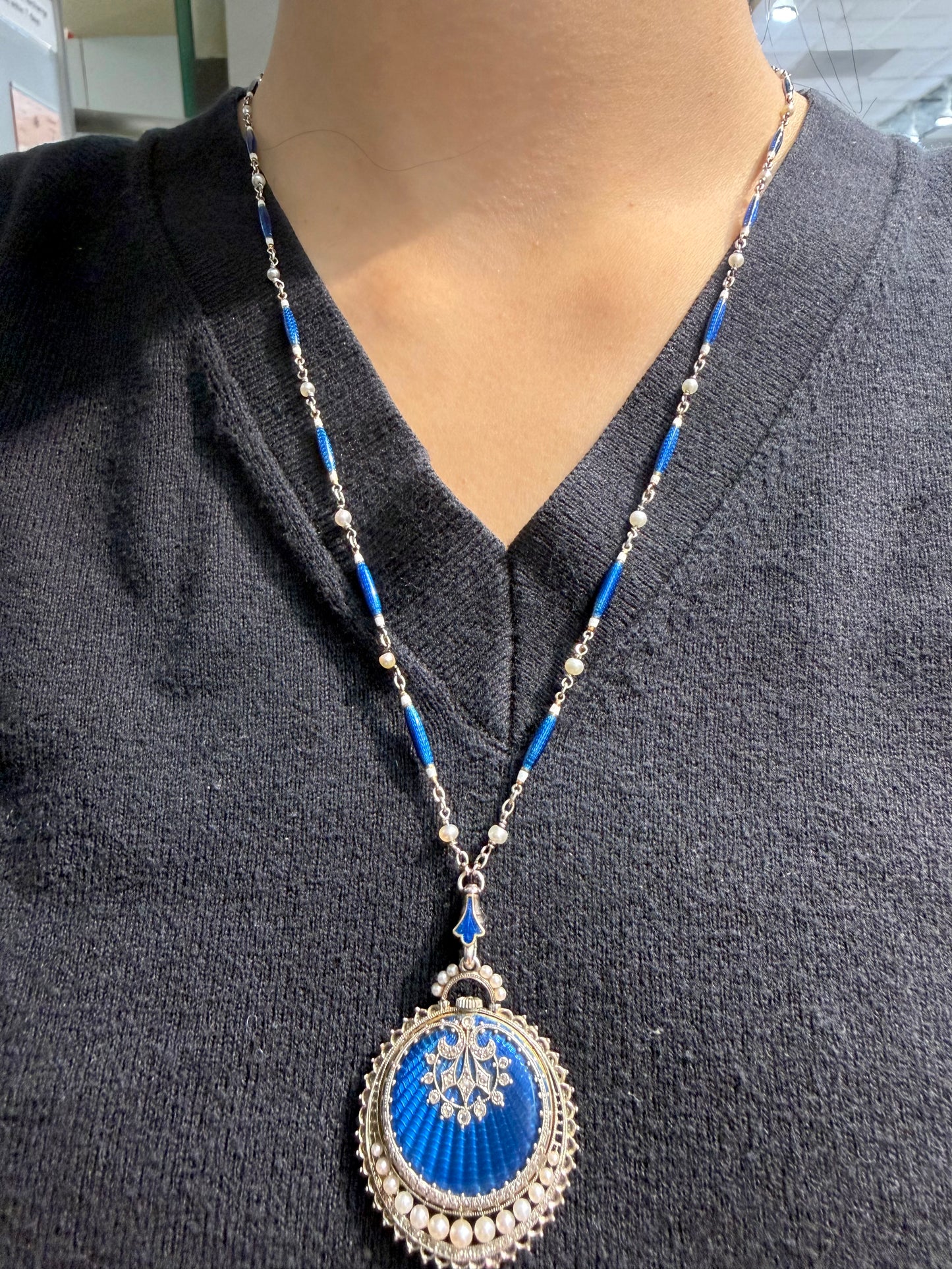 Antique Edwardian Platinum Guilloche Enamel Pocket Watch Necklace