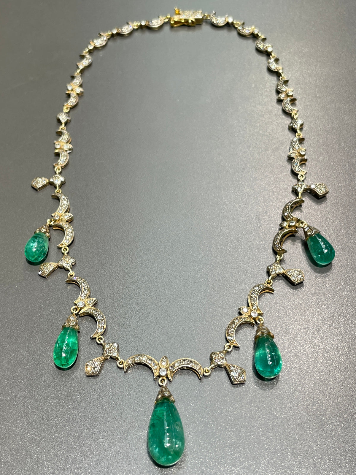 Antique 14K Gold Topped Silver Emerald Diamond Drop Necklace