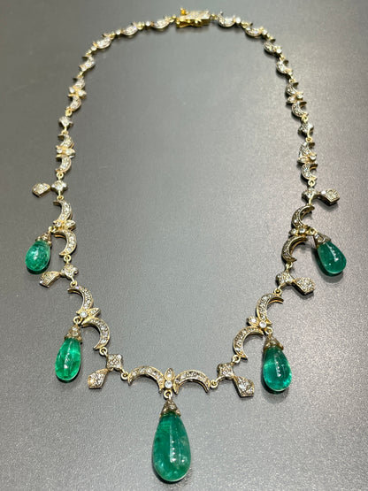 Antique 14K Gold Topped Silver Emerald Diamond Drop Necklace