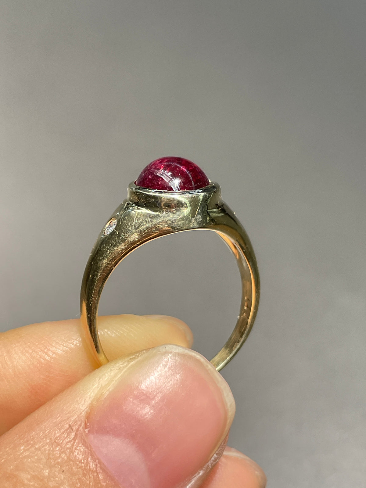14K Gold Pink Tourmaline Diamond Three Stony Gypsy Ring
