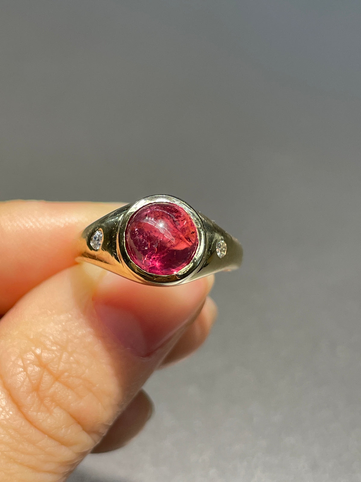 14K Gold Pink Tourmaline Diamond Three Stony Gypsy Ring