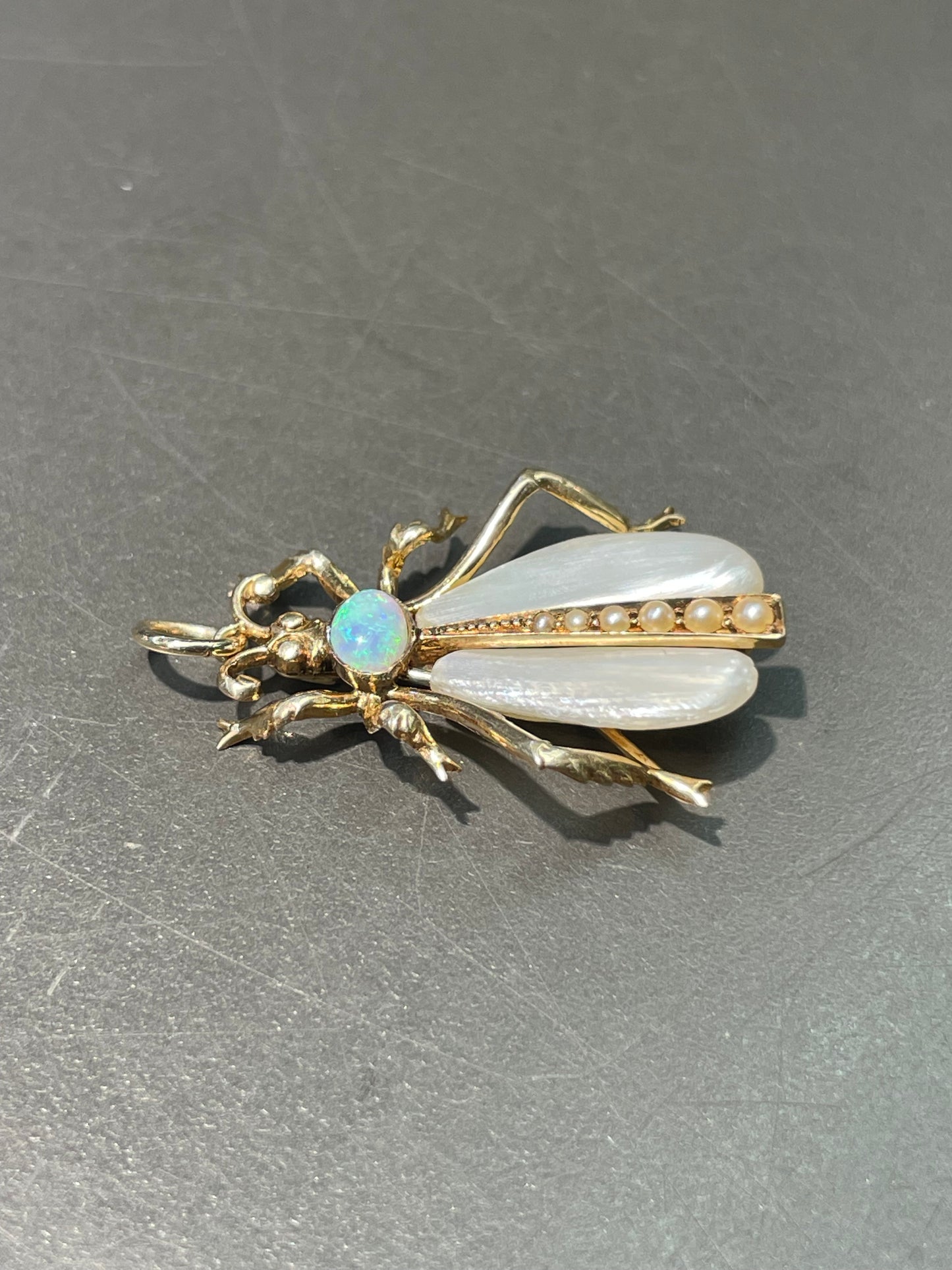 Antique 14K Yellow Gold Pearl Opal Insect Charm Pendant