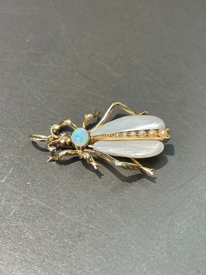 Antique 14K Yellow Gold Pearl Opal Insect Charm Pendant