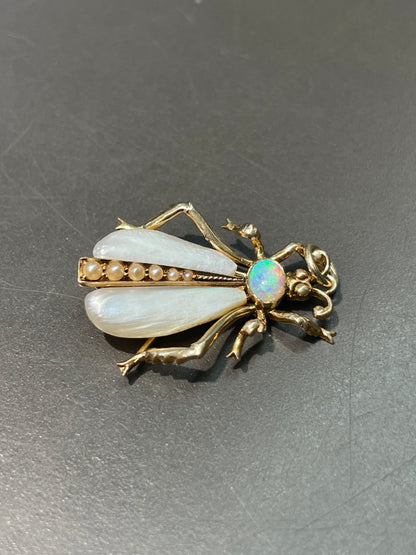 Antique 14K Yellow Gold Pearl Opal Insect Charm Pendant