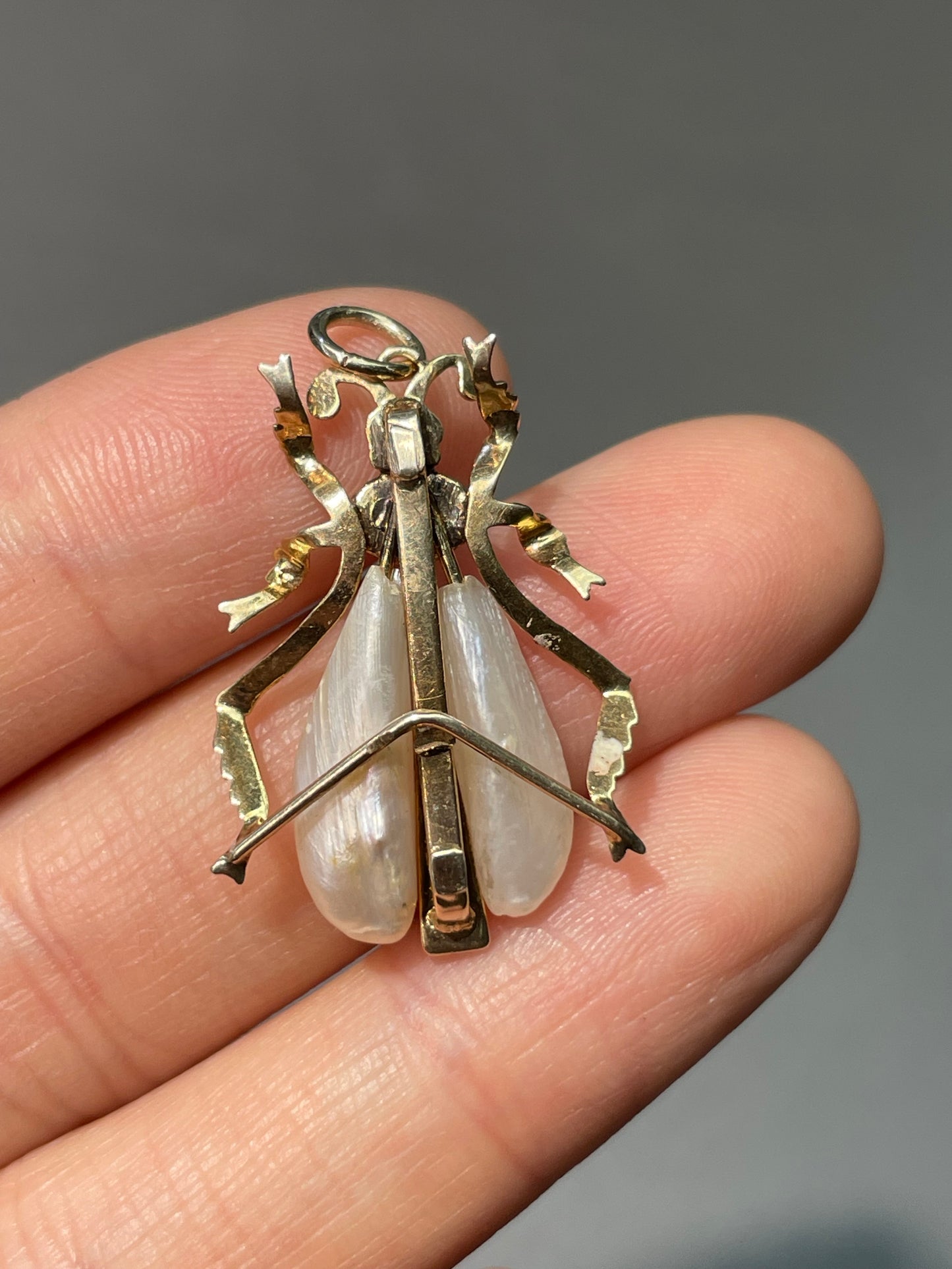 Antique 14K Yellow Gold Pearl Opal Insect Charm Pendant