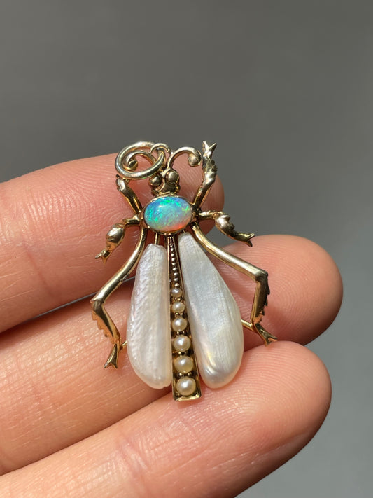 Antique 14K Yellow Gold Pearl Opal Insect Charm Pendant