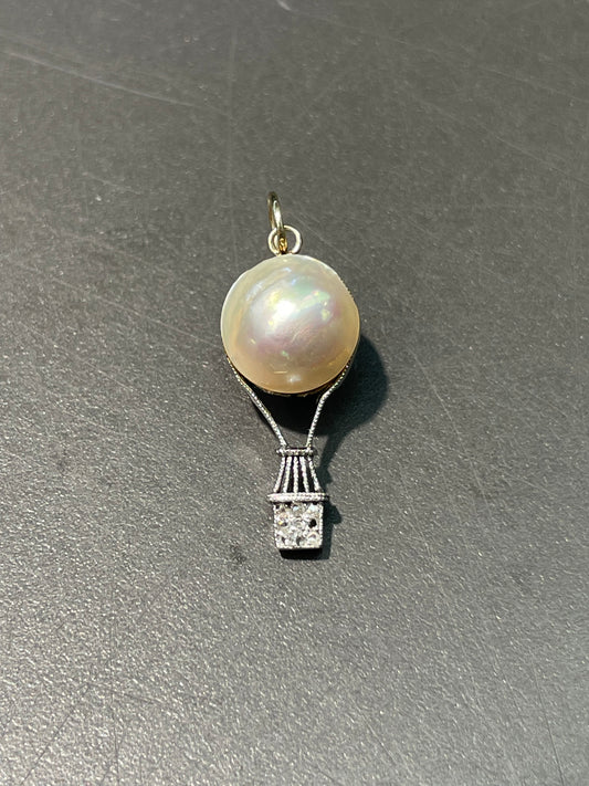 Antique Platinum Topped 14K Yellow Gold Pearl 0.09 CTW Diamond Hot Air Balloon Charm