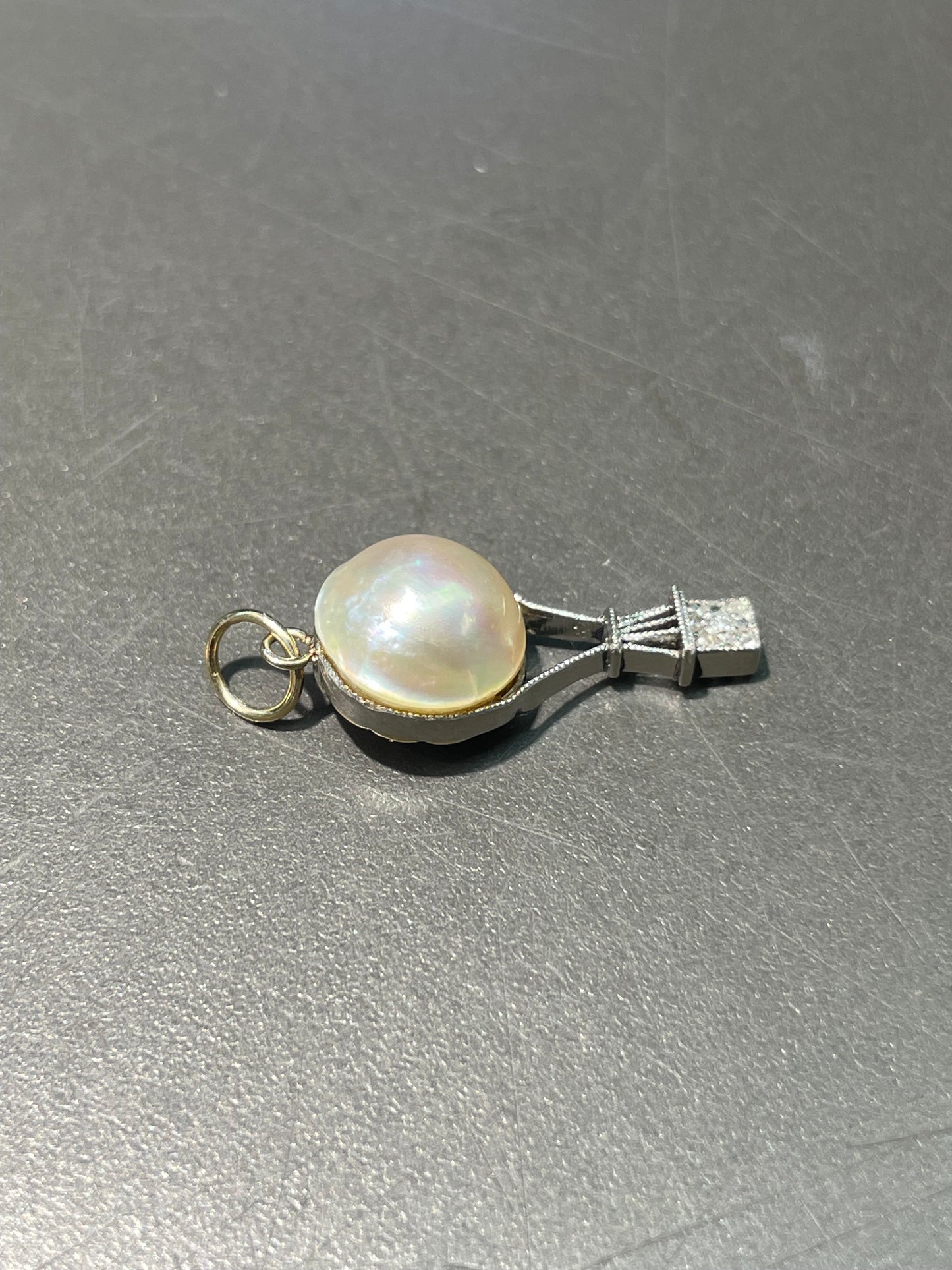 Antique Platinum Topped 14K Yellow Gold Pearl 0.09 CTW Diamond Hot Air Balloon Charm