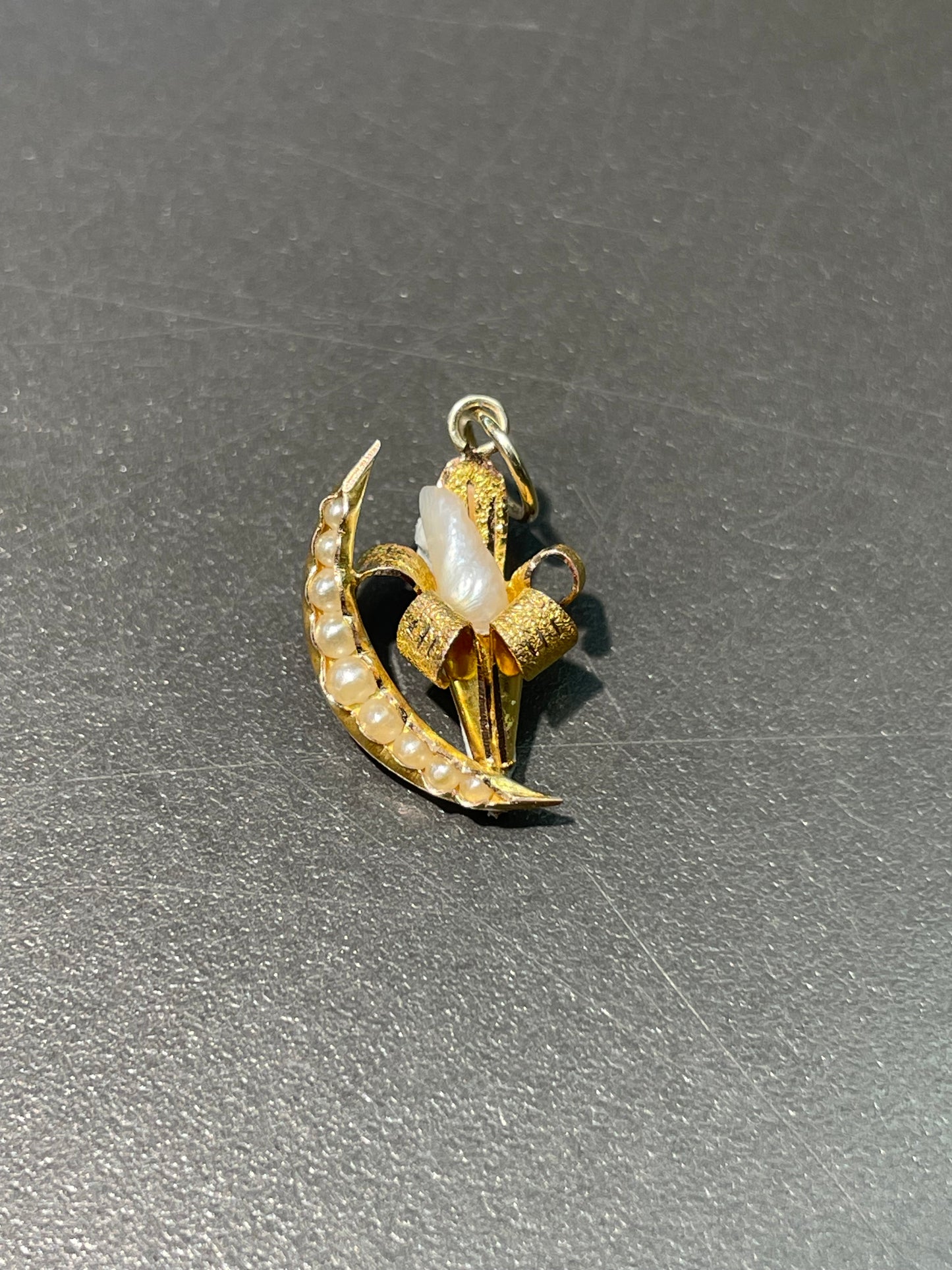 Antique 14K Yellow Gold Seed Pearl Lily Crescent Charm