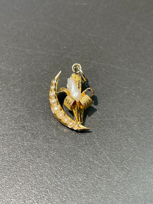 Antique 14K Yellow Gold Seed Pearl Lily Crescent Charm