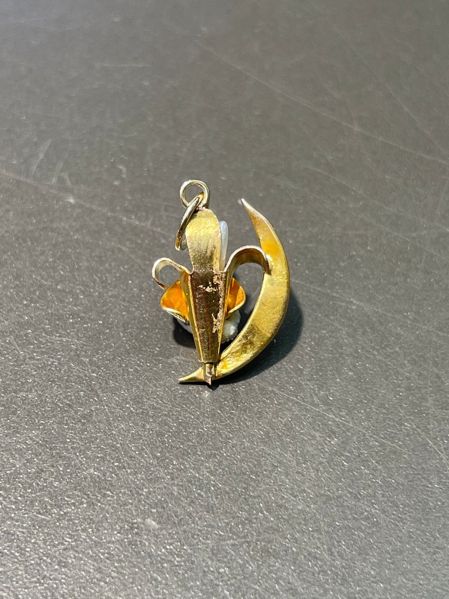 Antique 14K Yellow Gold Seed Pearl Lily Crescent Charm
