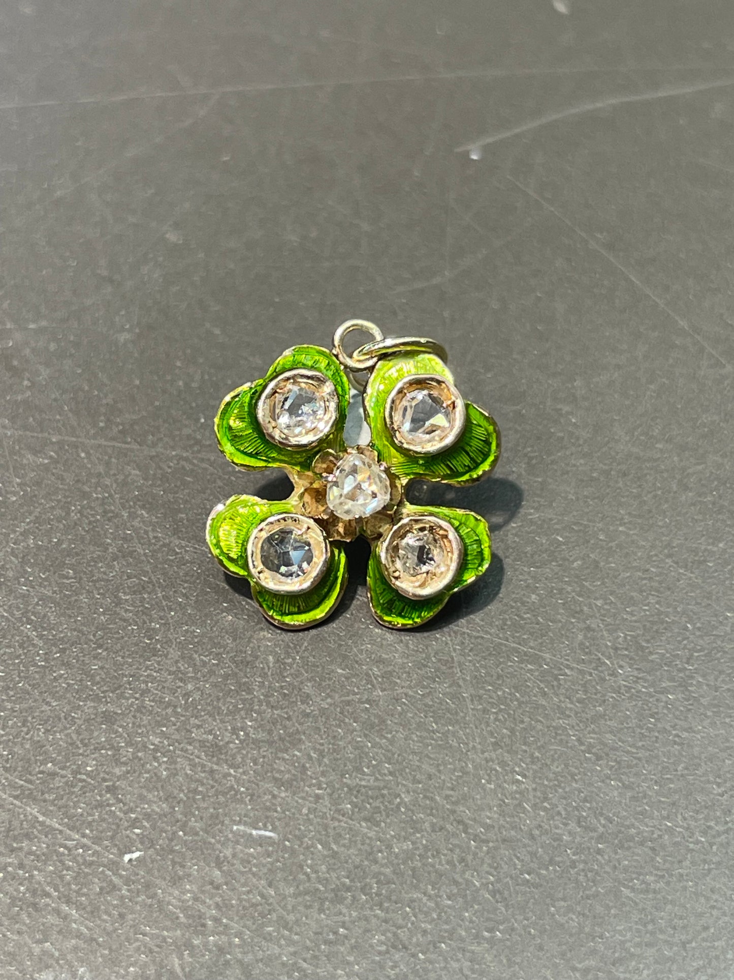 Antique 14K Yellow Gold Enamel 0.40 CTW Diamond Clover Shamrock Charm
