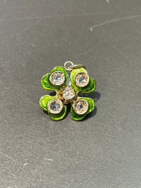 Antique 14K Yellow Gold Enamel 0.40 CTW Diamond Clover Shamrock Charm