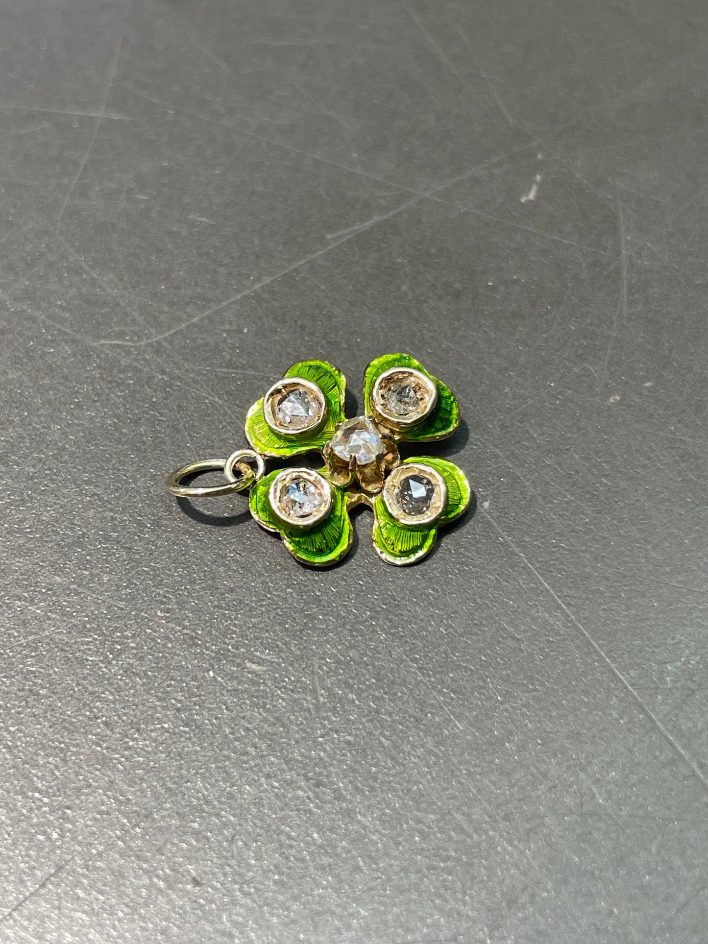 Antique 14K Yellow Gold Enamel 0.40 CTW Diamond Clover Shamrock Charm