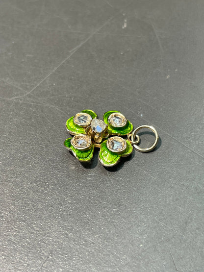 Antique 14K Yellow Gold Enamel 0.40 CTW Diamond Clover Shamrock Charm