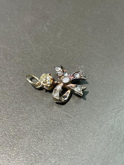 Antique Silver Topped 14K Yellow Gold 0.17 CTW Diamond Ribbon Bow Charm