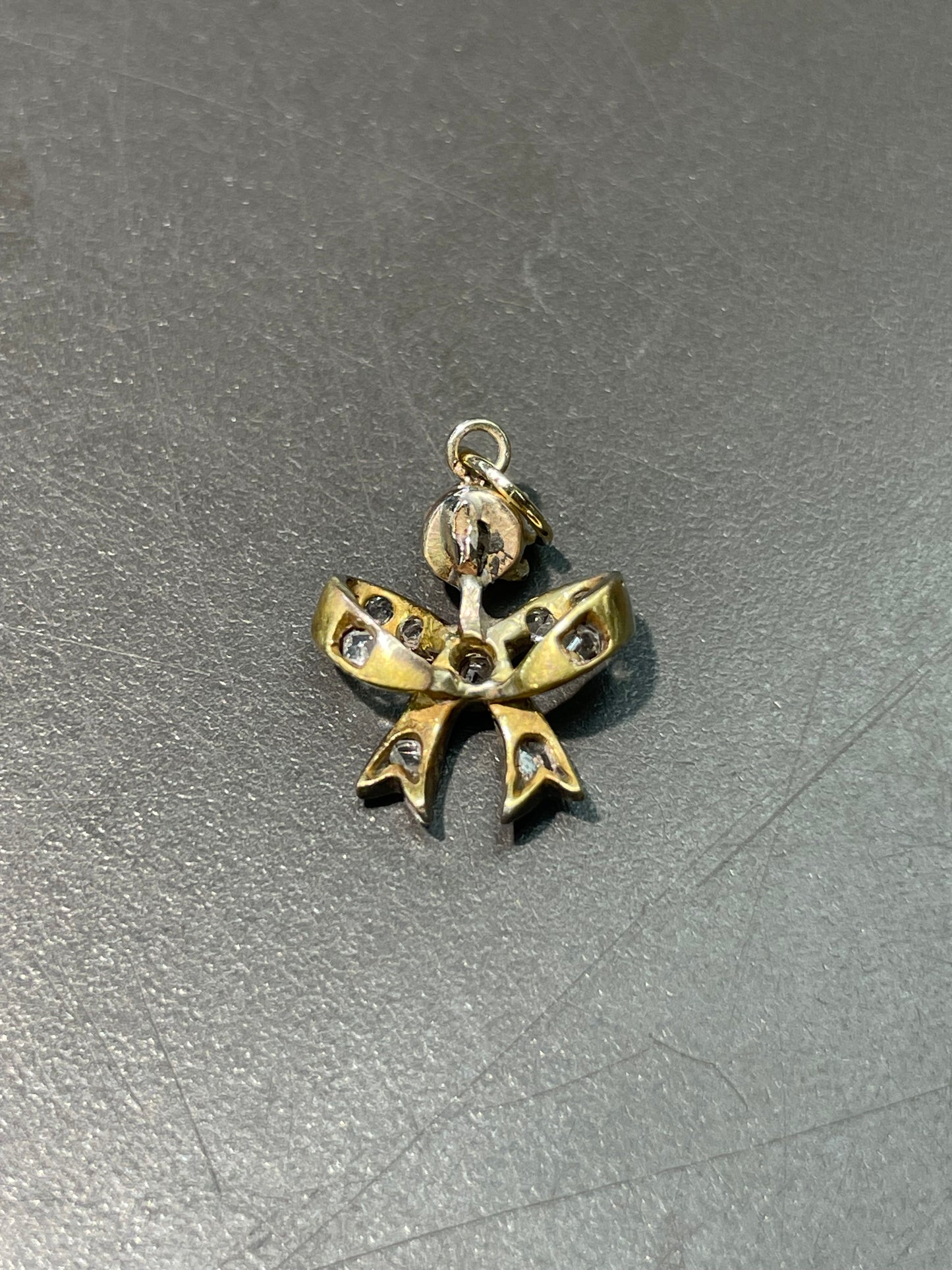 Antique Silver Topped 14K Yellow Gold 0.17 CTW Diamond Ribbon Bow Charm