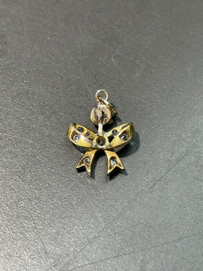 Antique Silver Topped 14K Yellow Gold 0.17 CTW Diamond Ribbon Bow Charm
