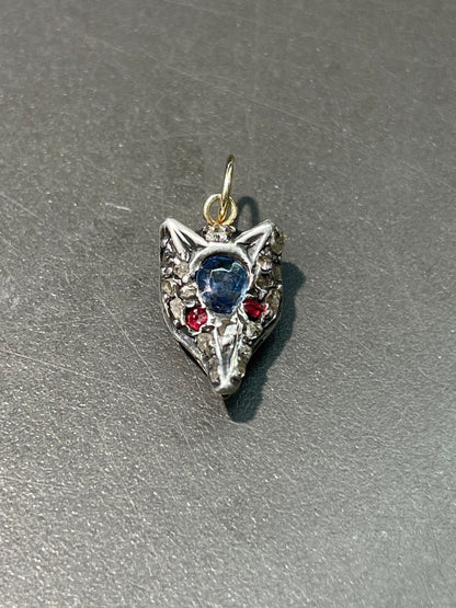 Antique Silver Topped 14K Yellow Gold Natural Sapphire Diamond Fox Charm