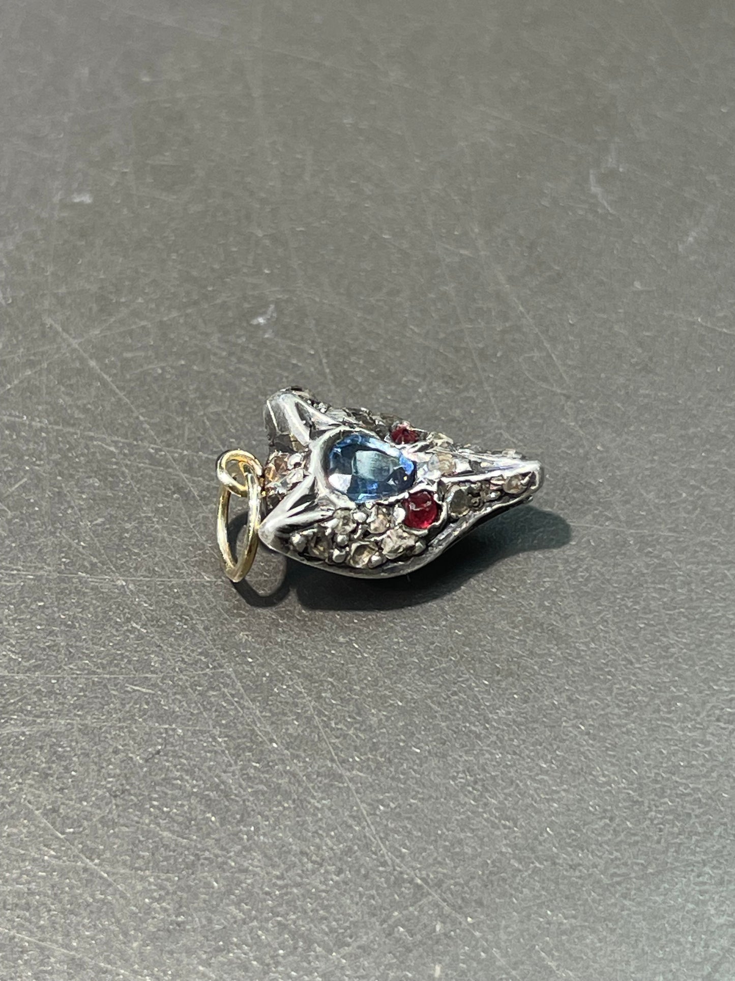 Antique Silver Topped 14K Yellow Gold Natural Sapphire Diamond Fox Charm