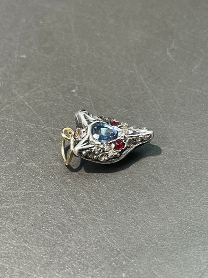 Antique Silver Topped 14K Yellow Gold Natural Sapphire Diamond Fox Charm