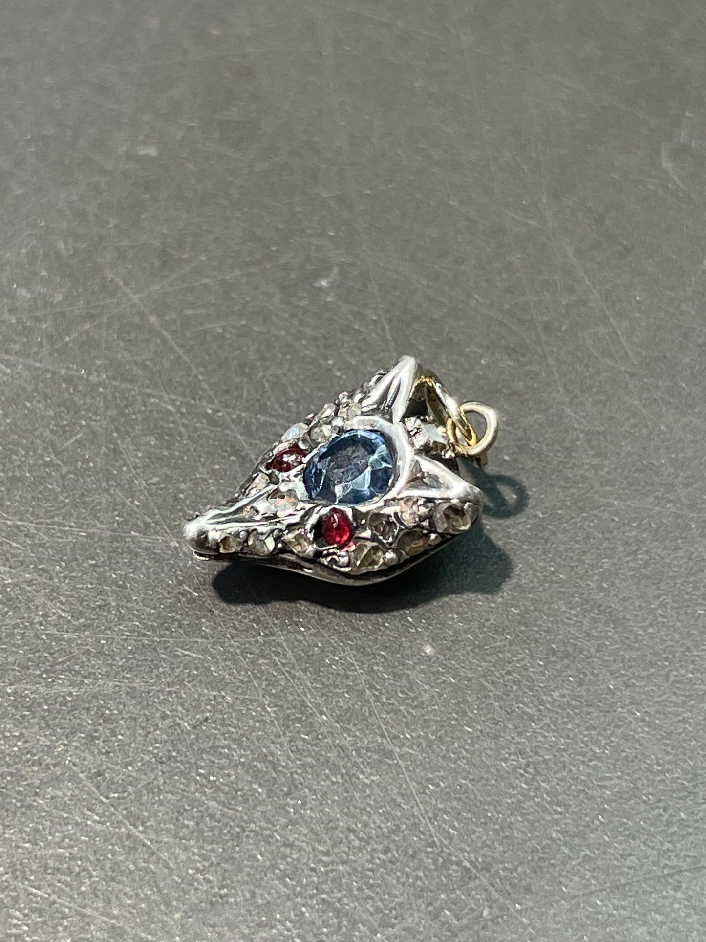 Antique Silver Topped 14K Yellow Gold Natural Sapphire Diamond Fox Charm