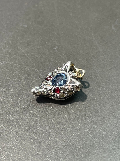 Antique Silver Topped 14K Yellow Gold Natural Sapphire Diamond Fox Charm
