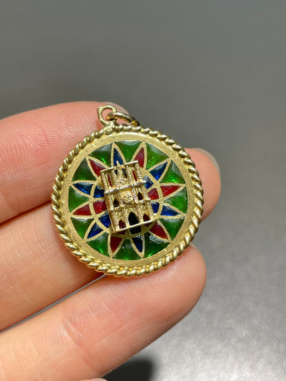 Vintage French 18K Gold Notre Dame Cathedral Plique-A-Jour Enamel Charm Pendant
