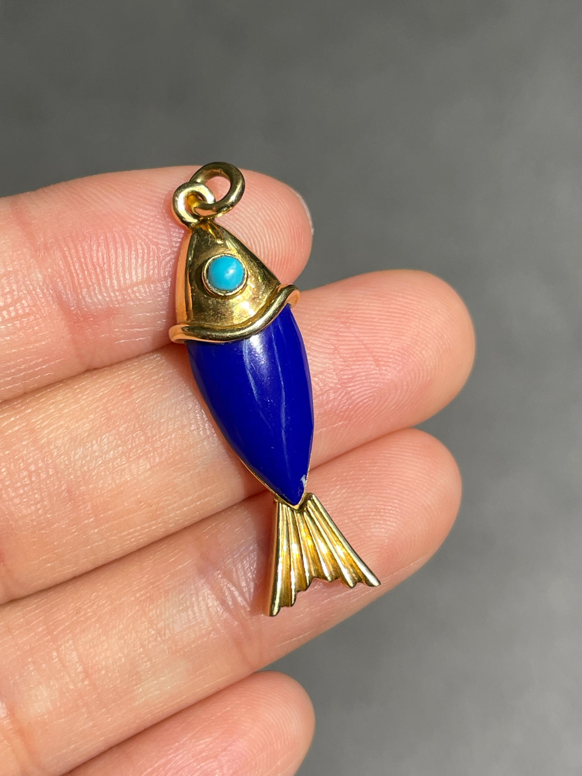 Vintage 14K Gold Lapiz Turquoise Articualted Fish Charm