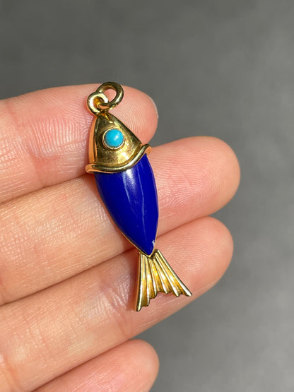 Vintage 14K Gold Lapiz Turquoise Articualted Fish Charm