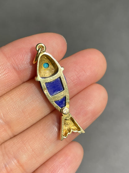 Vintage 14K Gold Lapiz Turquoise Articualted Fish Charm
