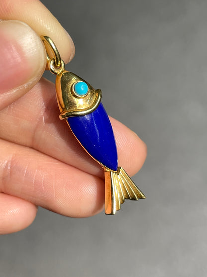 Vintage 14K Gold Lapiz Turquoise Articualted Fish Charm