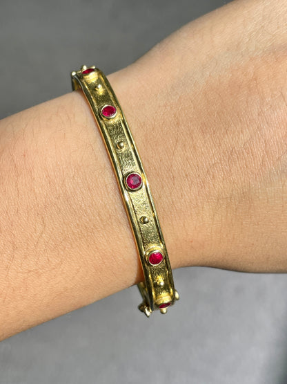 18K Gold Ruby Hammered Bangle Bracelet