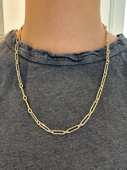 14K Gold Elongated Paperclip Link Chain Necklace