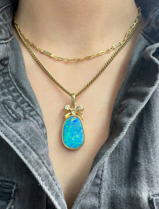 Vintage 14K Yellow Gold Diamond Ribbon Opal Pendant