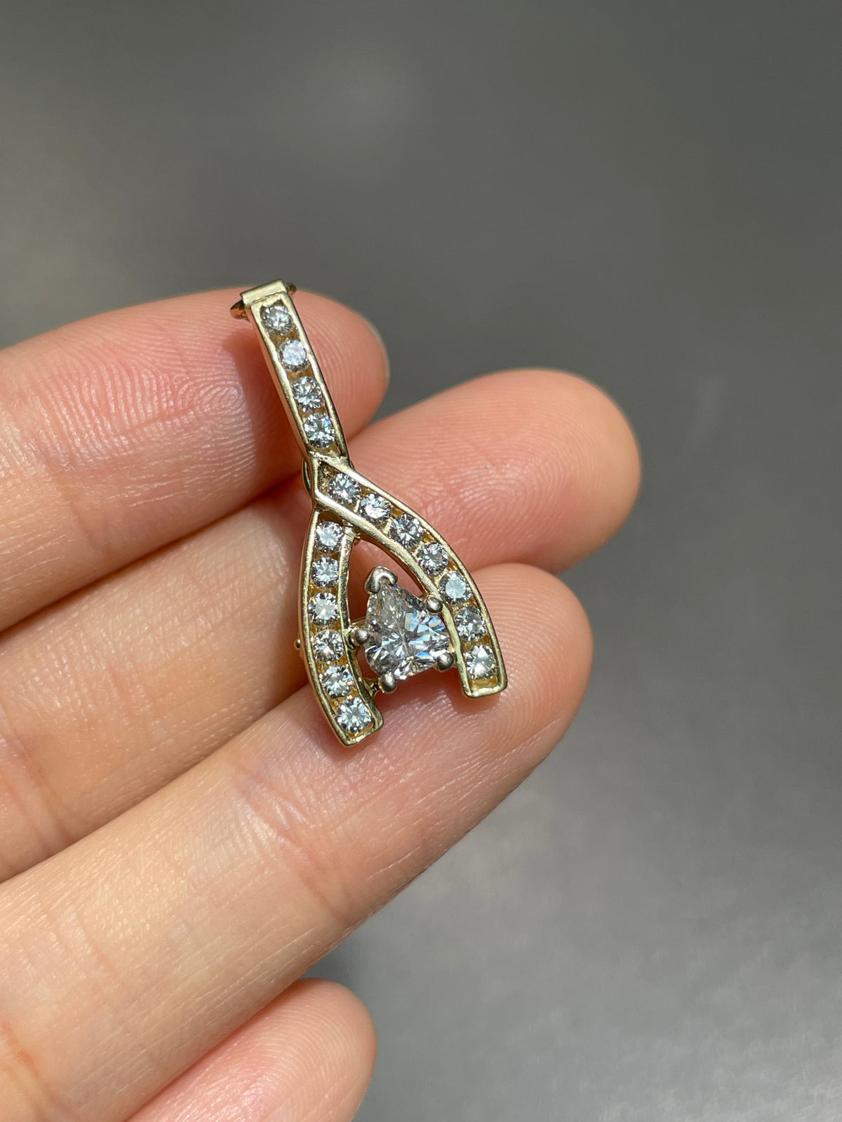 Vintage 14K Gold 0.96 CTW Diamond Wish Bone Pendant Brooch
