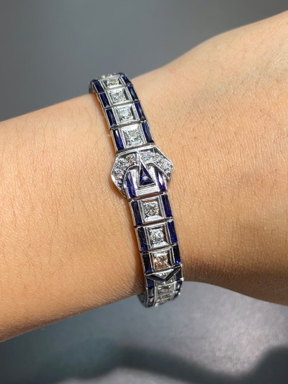 Art Deco Platinum 2.94 CTW Diamond Sapphire Buckle Bracelet