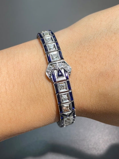 Art Deco Platinum 2.94 CTW Diamond Sapphire Buckle Bracelet