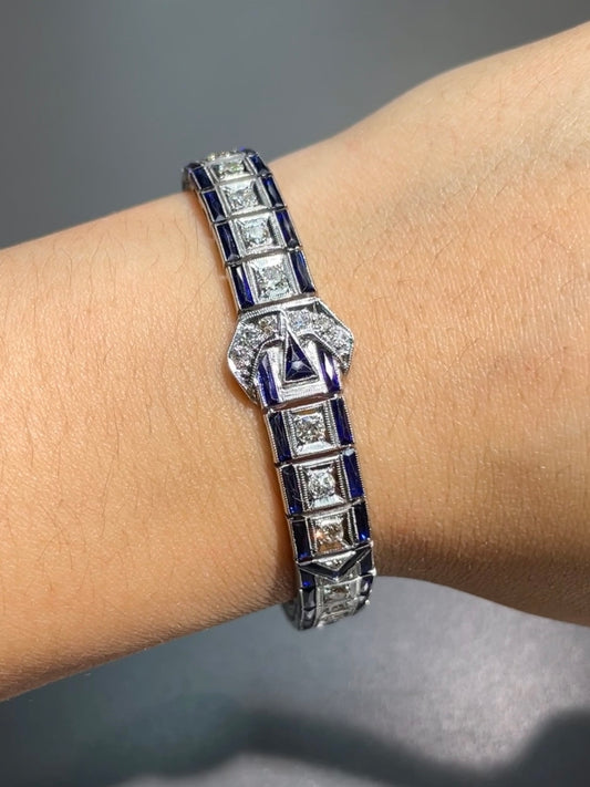Art Deco Platinum 2.94 CTW Diamond Sapphire Buckle Bracelet