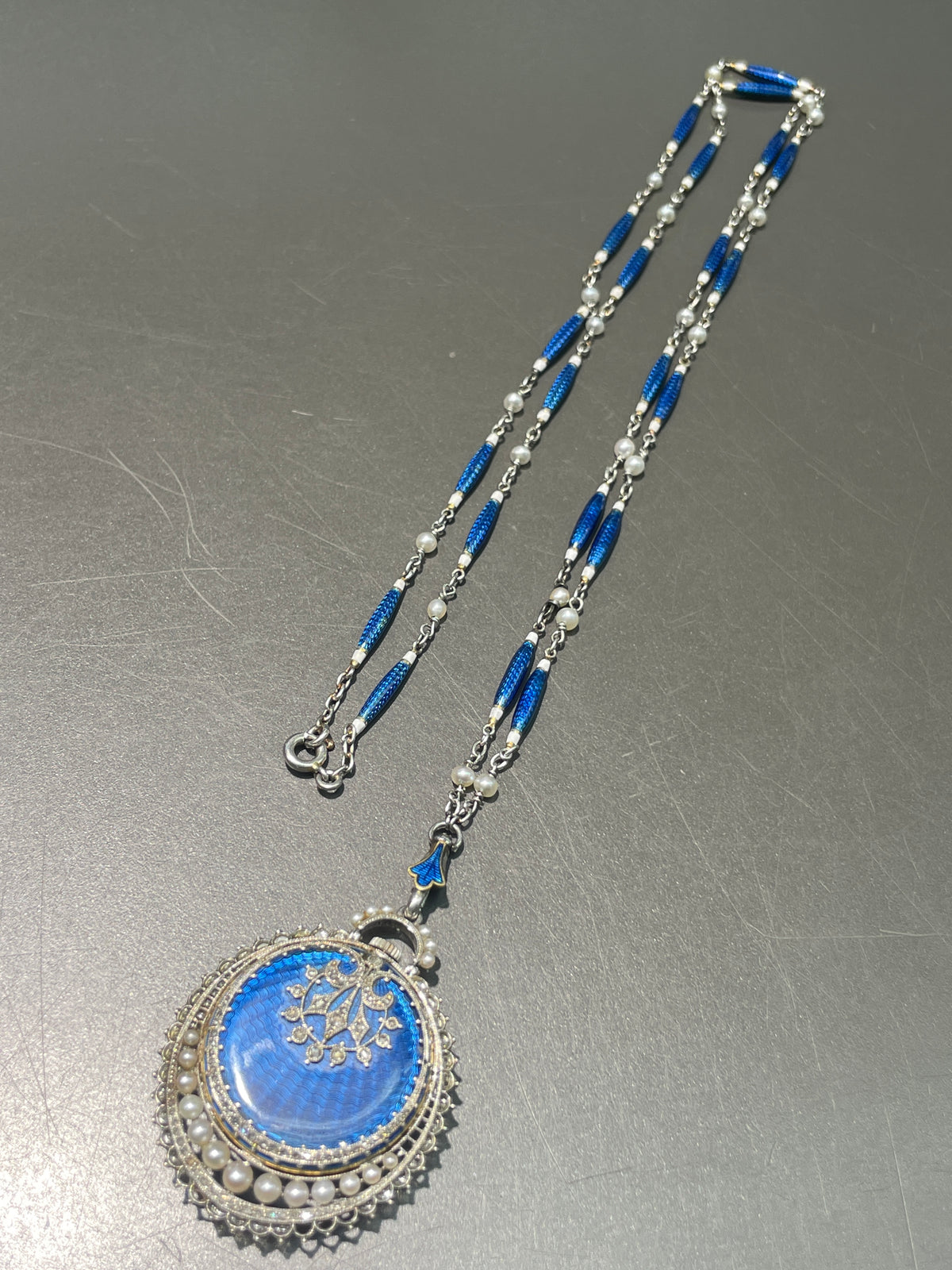Antique Edwardian Platinum Guilloche Enamel Pocket Watch Necklace