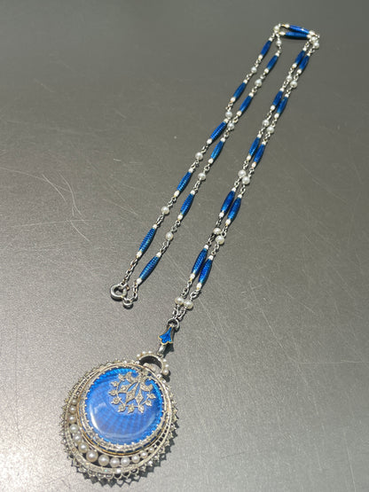 Antique Edwardian Platinum Guilloche Enamel Pocket Watch Necklace