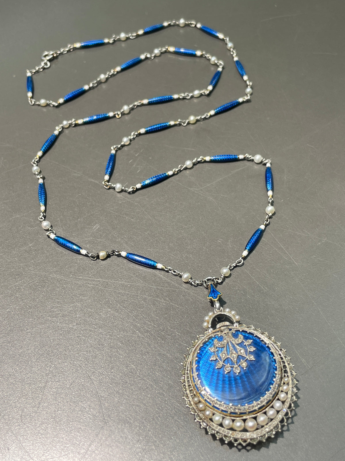 Antique Edwardian Platinum Guilloche Enamel Pocket Watch Necklace