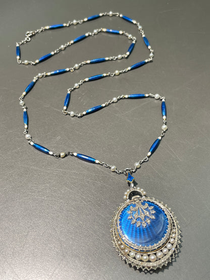 Antique Edwardian Platinum Guilloche Enamel Pocket Watch Necklace