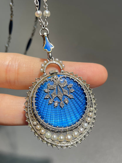 Antique Edwardian Platinum Guilloche Enamel Pocket Watch Necklace