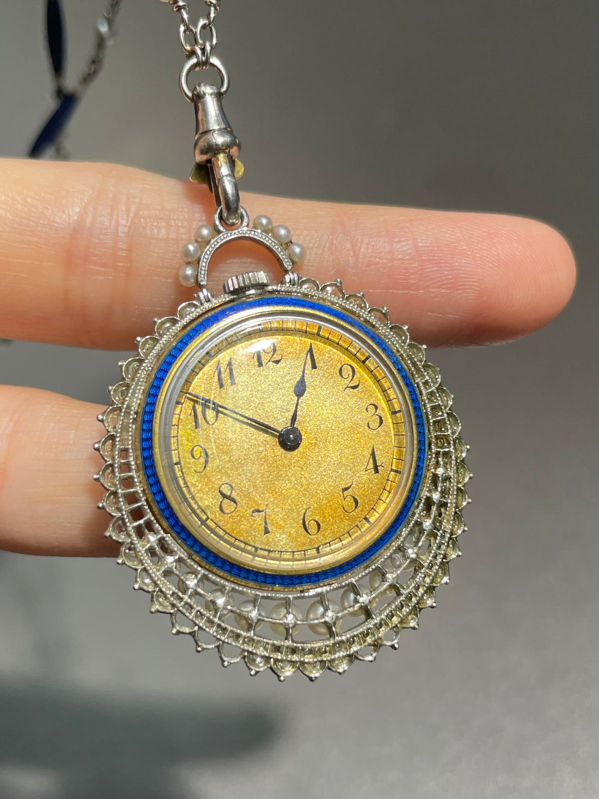 Antique Edwardian Platinum Guilloche Enamel Pocket Watch Necklace