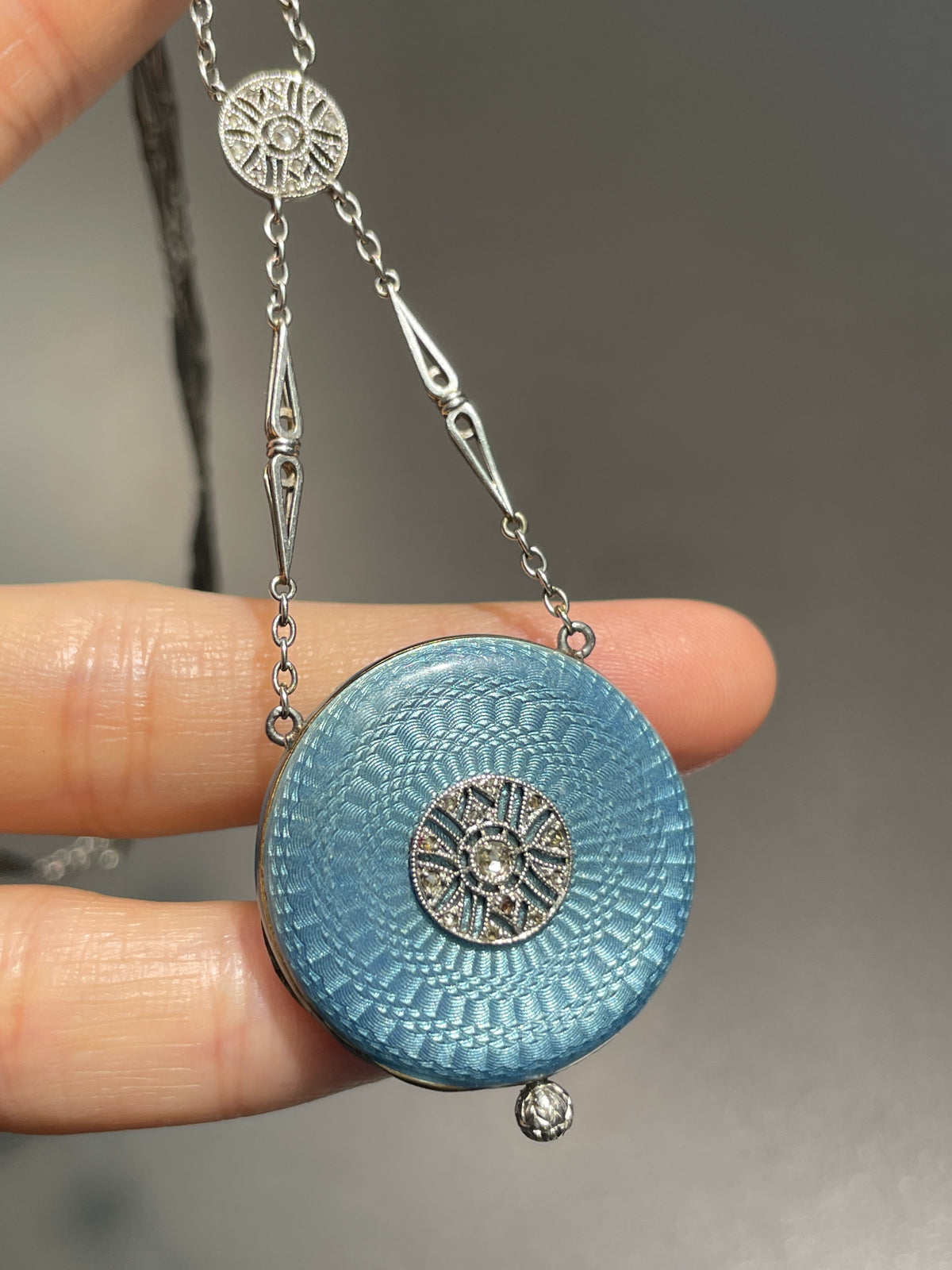 Antique Edwardian Platinum Turquoise Guilloche Enamel Pendant Watch and Chain