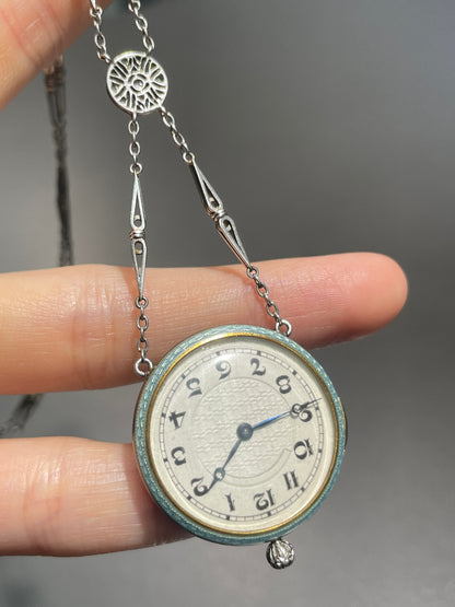 Antique Edwardian Platinum Turquoise Guilloche Enamel Pendant Watch and Chain
