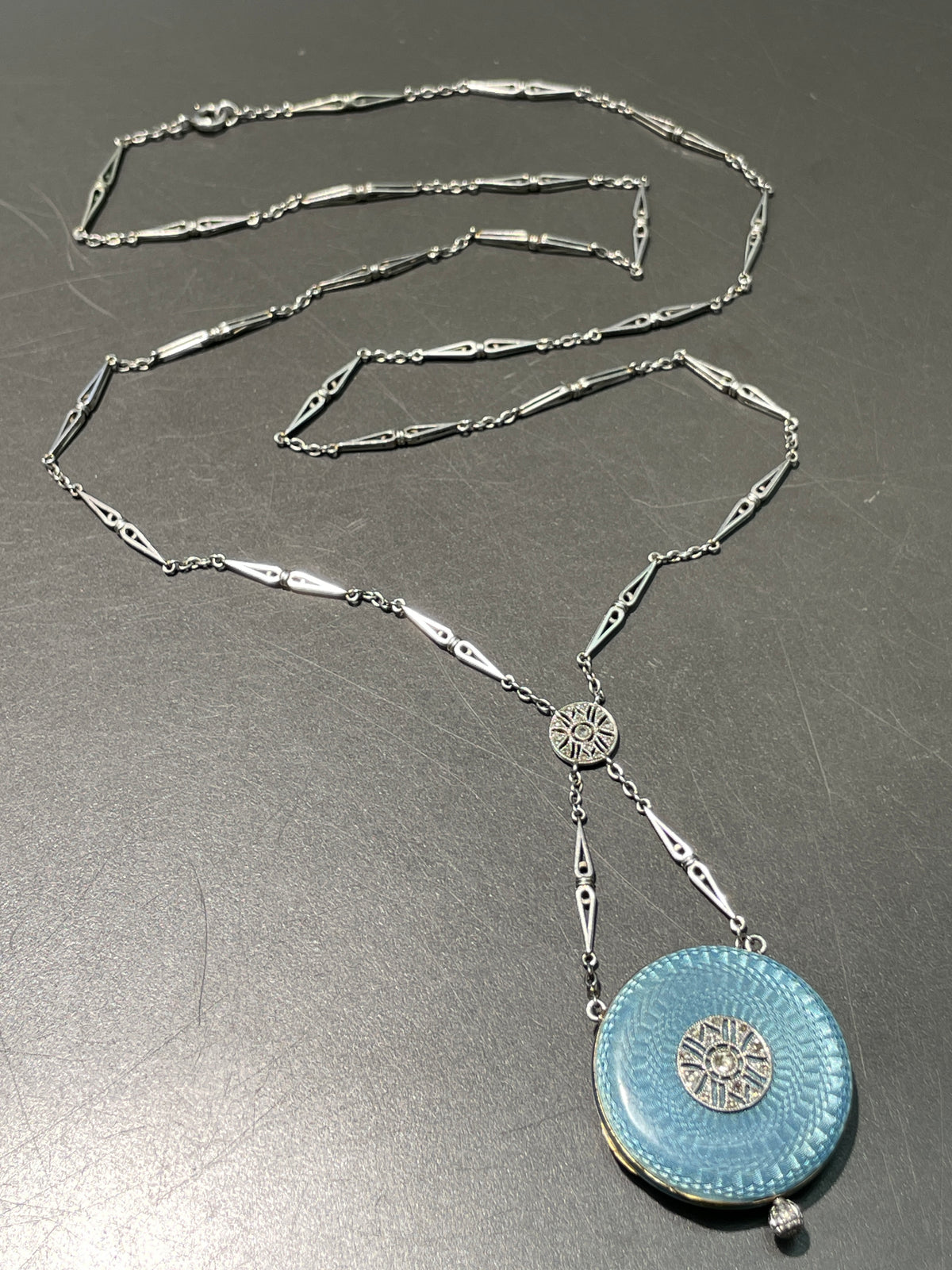 Antique Edwardian Platinum Turquoise Guilloche Enamel Pendant Watch and Chain