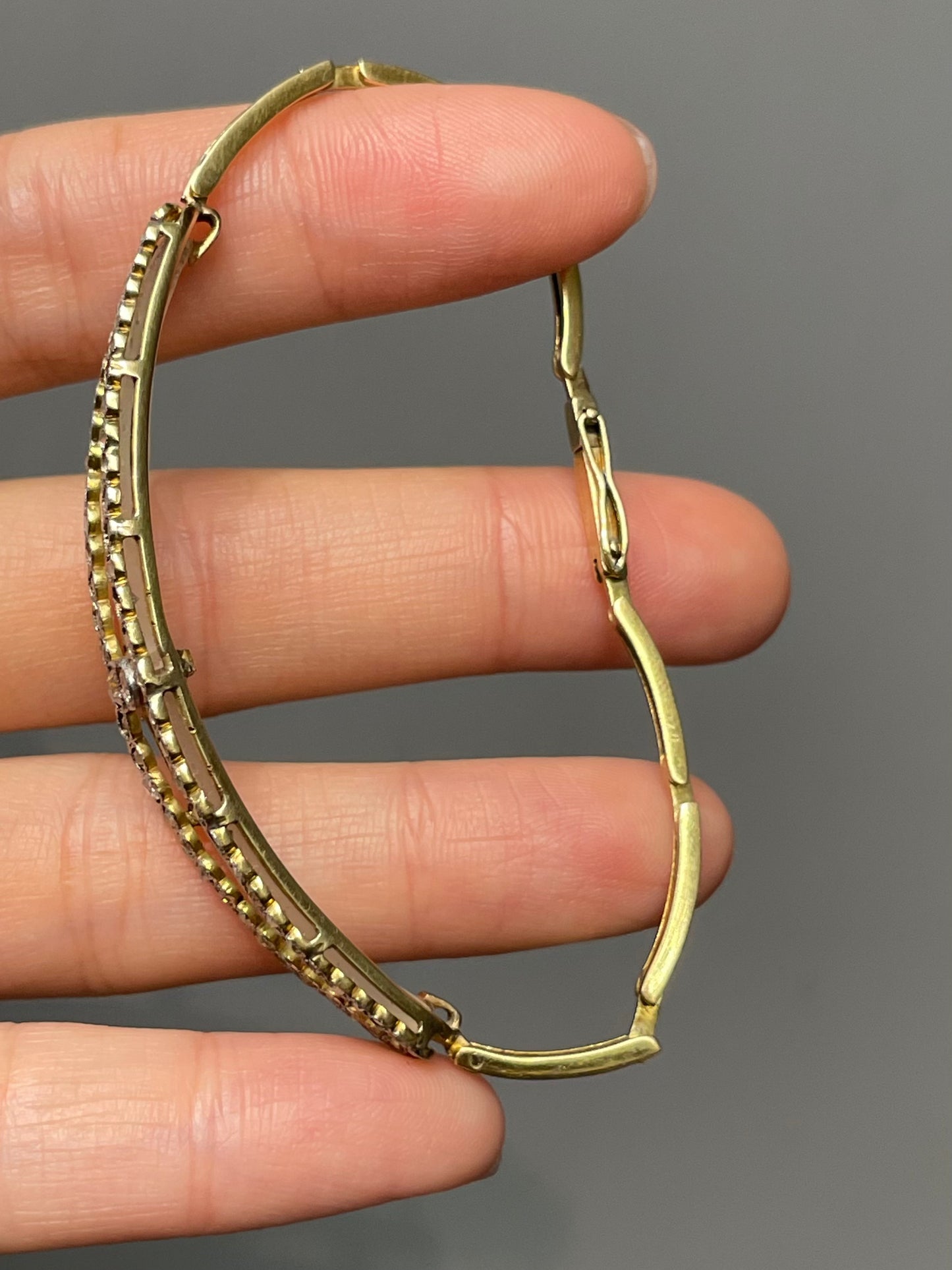 Edwardian French Platinum Topped 18K Yellow Gold Camphor Glass Diamond Bracelet