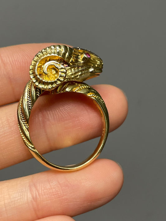 Vintage 18K Two-Tone Gold Diamond Ruby Ram Ring